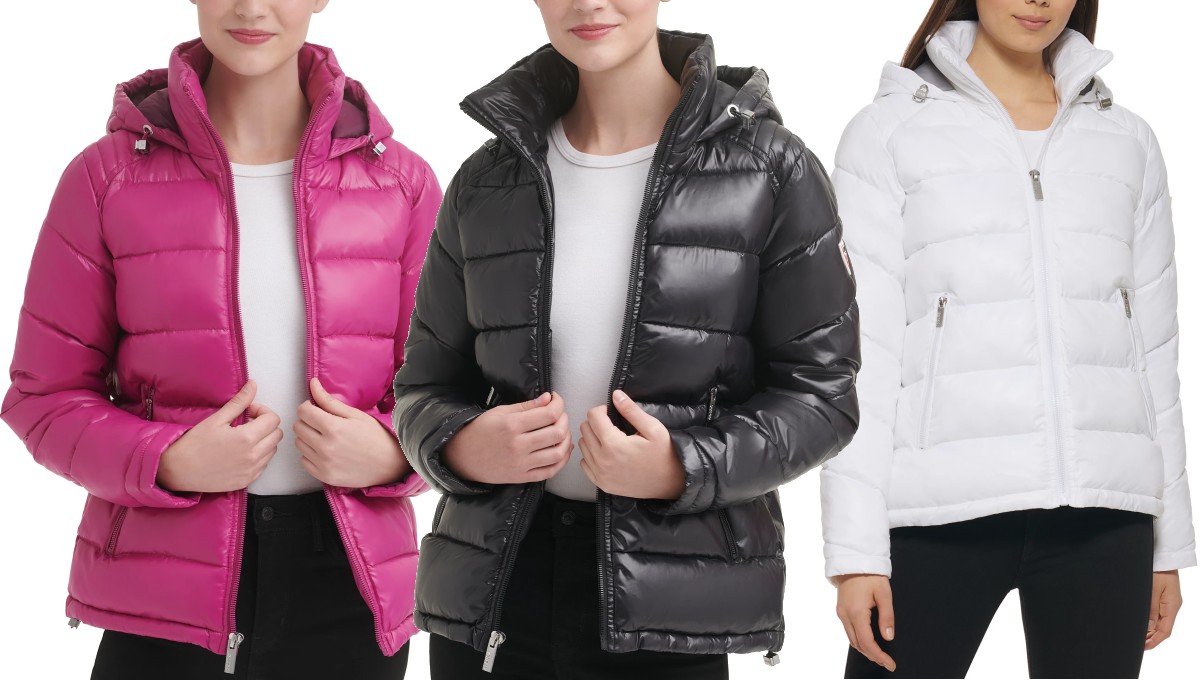 GUESS High-Shine Hooded Puffer Coat at Macy's